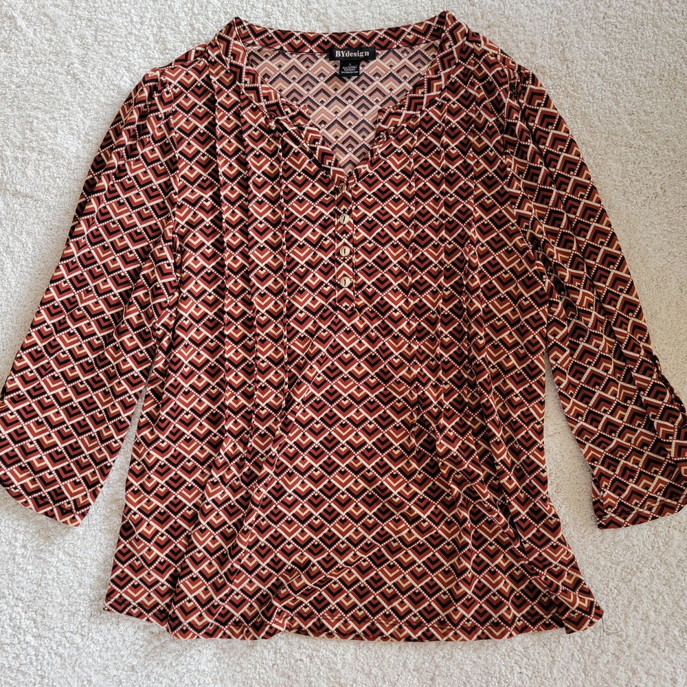 Bydesign Women's Geometric Patterned 3/4 Sleeve Top - Brown/Size Large